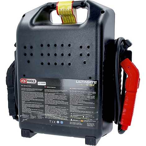 Schwarzer Starthilfekoffer mit roter Klemme, gelbem Aufkleber und Griff.